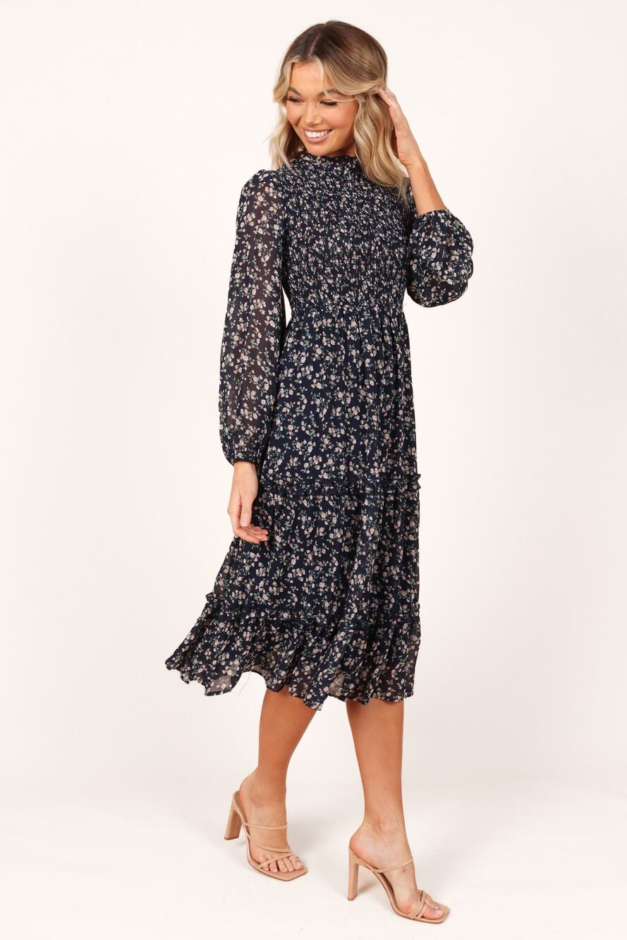Petal & Pup Edwina Shirred Frill Midi Dress Navy Floral Size S